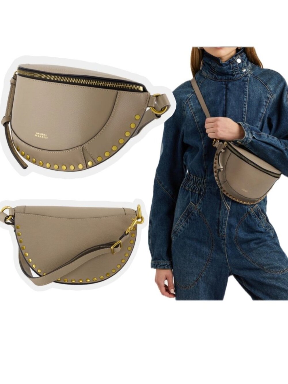 Isabel Marant Skano Taupe Leather Studded Crossbody Belt Hobo Bag